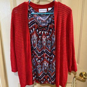 Alfred Dunner medium blue and red patterned blouse with knitted red cardigan